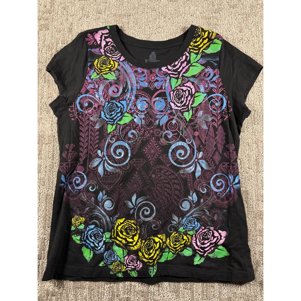 Juicy Couture Womens XXL Black Floral Graphic Tee Glitter Roses Paisley T-Shirt